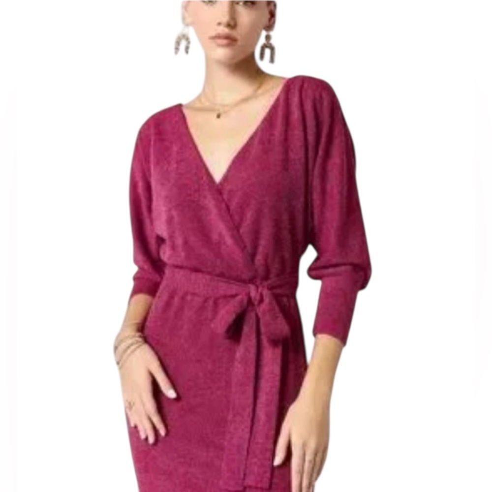 Francesca’s Mi Ami Burgundy Open Back Knit Mini Dress Belted Long Sleeve Size XS